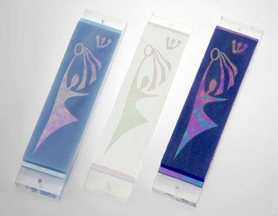 Handmade Glass &amp; Stained Glass Mezuzahs - Miriam Mezuzahs White Blue Iridescent