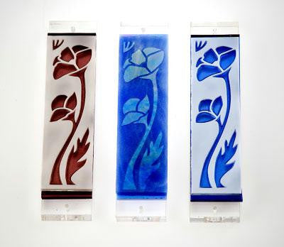 Handmade Glass &amp; Stained Glass Mezuzahs - Poppy I Mezuzah Light Blue Mirror on White