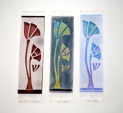 Handmade Glass &amp; Stained Glass Mezuzahs - Poppy II Mezuzah Mauve Mirror on White