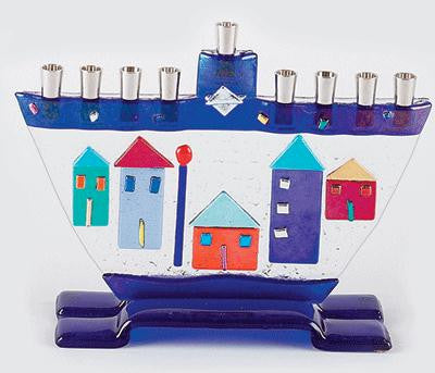 Handmade Glass Menorahs - 300 Houses Glass Menorah