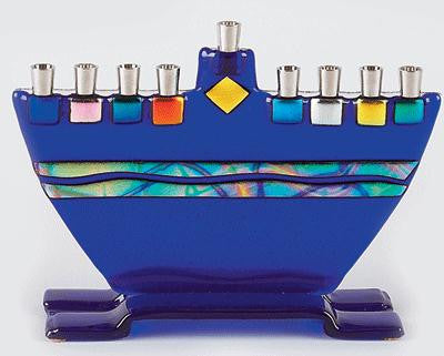 Handmade Glass Menorahs - Blue Menorah