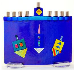 Handmade Glass Menorahs - Cobalt Dreidle Menorah By Tamara Baskin