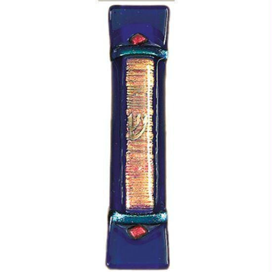 Handmade Glass &amp; Stained Glass Mezuzahs - Cobalt and Gold Mezuzah