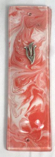 Handmade Glass &amp; Stained Glass Mezuzahs - Tomato and White Marbled Mezuzah