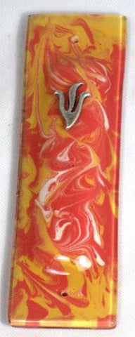 Handmade Glass &amp; Stained Glass Mezuzahs - Tomato White and Golden Orange Marbled Mezuzah