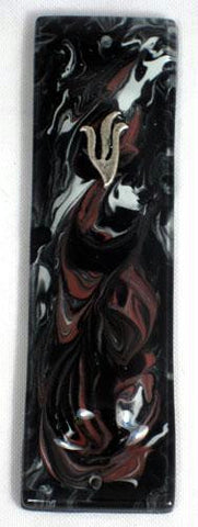 Handmade Glass &amp; Stained Glass Mezuzahs - Black and White with Tomato Marbled Mezuzah