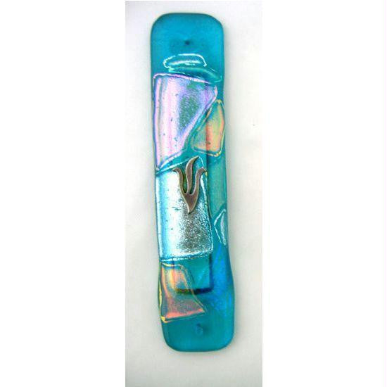 Handmade Glass &amp; Stained Glass Mezuzahs - Turquoise Rainbow Fusion Mezuzah