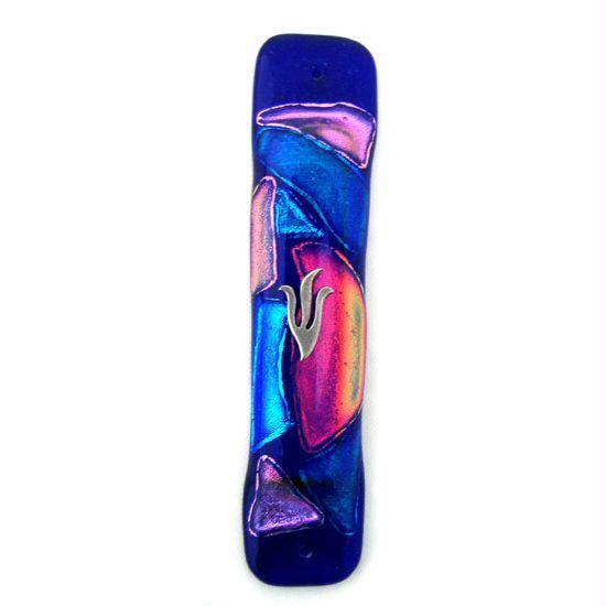 Handmade Glass &amp; Stained Glass Mezuzahs - Cobalt Rainbow Fusion Mezuzah