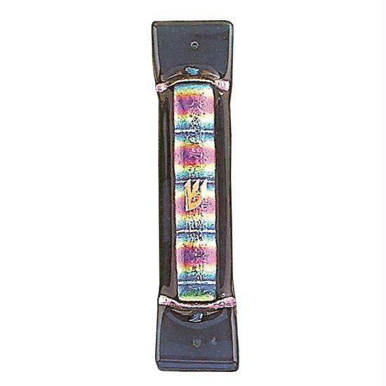 Handmade Glass &amp; Stained Glass Mezuzahs - Rainbow Stripe Magenta Mezuzah