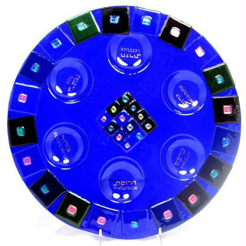 Glass Seder Plates - Cobalt Twelve Tribes Seder Plate by Tamara Baskin