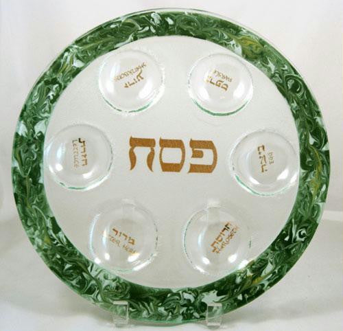 Glass Seder Plates - Green Swirl Seder Plate by Tamara Baskin