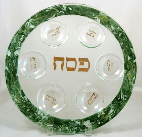 Glass Seder Plates - Green Swirl Seder Plate by Tamara Baskin