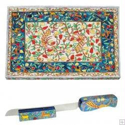 Carved Wood Challah Boards - Oriental Hand Painted Wooden Challah Board Knife and Stand by Yair Emanuel