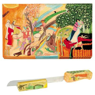 Carved Wood Challah Boards - Figures Hand Painted Wooden Challah Board Knife and Stand by Yair Emanuel