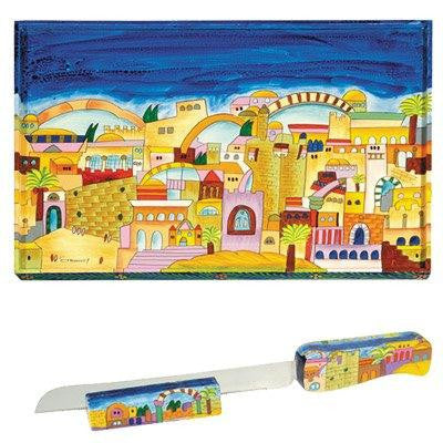 Carved Wood Challah Boards - Jerusalem Hand Painted Wooden Challah Board Knife and Stand by Yair Emanuel
