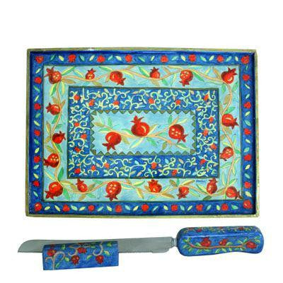 Carved Wood Challah Boards - Pomegranates Hand Painted Wooden Challah Board Knife and Stand by Yair Emanuel