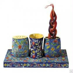 Wooden Havdalah Sets - Blue Oriental Hand Painted Wooden Havdalah Set by Yair Emanuel