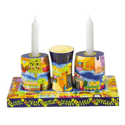 Wooden Havdalah Sets - Jerusalem Panorama Hand Painted Wooden Havdalah Set by Yair Emanuel