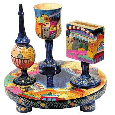 Wooden Havdalah Sets - Jerusalem Hand Painted Wooden Havdalah Set by Yair Emanuel