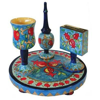 Wooden Havdalah Sets - Pomegranates Hand Painted Wooden Havdalah Set by Yair Emanuel