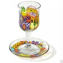 Glass Kiddush Cups - Windmill Glass Painted Kiddush Cup by Yair Emanuel