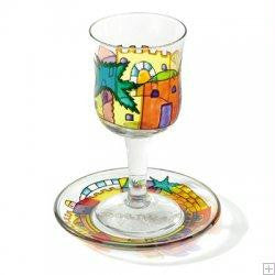 Glass Kiddush Cups - Jerusalem Wall Glass Painted Kiddush Cup by Yair Emanuel