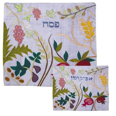 Raw Silk Matzah Cover Sets - Seven Spices Blue Raw Silk Matzah Cover Set by Yair Emanuel