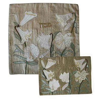 Raw Silk Matzah Cover Sets - Lily Raw Silk Silver Matzah Cover Set by Yair Emanuel