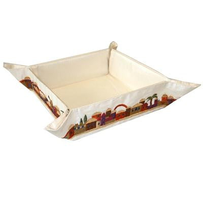 Wooden Matzah Trays and Matzah Holders - Embroidered Folding Basket - Jerusalem