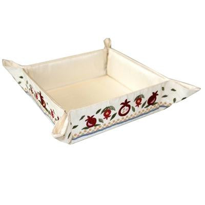 Wooden Matzah Trays and Matzah Holders - Embroidered Folding Basket - Pomegranates