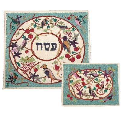 Hand Embroidered Matzah Cover Sets - Birds Hand Embroidered Silk Matzah Cover Set - Blue by Yair Emanuel