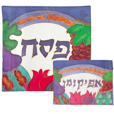 Silk Painted Matzah Cover Sets - Grapes and Flowers Silk Painted Matzah Cover Set