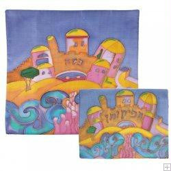 Silk Painted Matzah Cover Sets - Jerusalem Blue Silk Painted Matzah Cover Set by Yair Emanuel