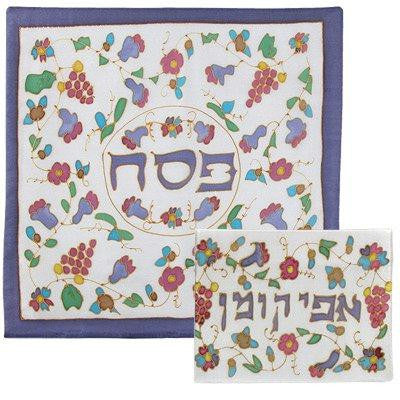 Silk Painted Matzah Cover Sets - Grapes White Painted Silk Matzah Cover Set