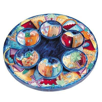 Wooden Passover Seder Plates - Jerusalem Wooden Passover Seder Plate by Yair Emanuel