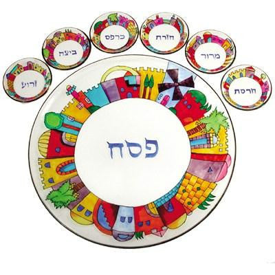 Glass Seder Plates - Hand Painted Glass Passover Seder Plate - Jerusalem