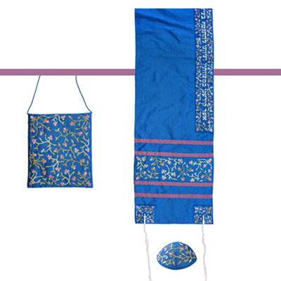 Women's Tallitot - Flowers Blue Embroidered Raw Silk Women Tallit by Yair Emanuel