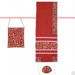 Women's Tallitot - Flowers Red Embroidered Raw Silk Women Tallit by Yair Emanuel
