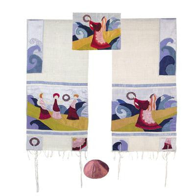 Women's Tallitot - Miriam and the Drum Embroidered Raw Silk Tallit by Yair Emanuel Small - 15'' X 70''