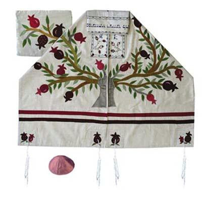 Women's Tallitot - Pomegranates White Tree of life Embroidered Raw Silk Tallit by Yair Emanuel Small - 19.5'' X 70''