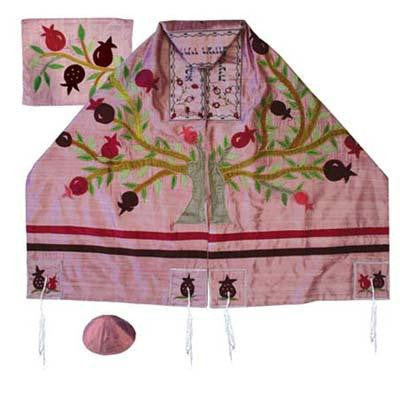 Women's Tallitot - Pomegranates Pink Tree of life Embroidered Raw Silk Tallit by Yair Emanuel Small - 19.5'' X 70''