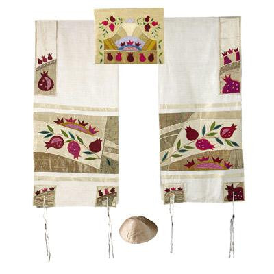 Women's Tallitot - Pomegranates in Gold Embroidered Raw Silk Tallit by Yair Emanuel Small - 15.5'' X 70''
