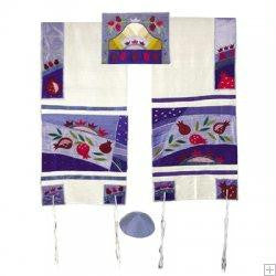 Women's Tallitot - Pomegranates in Blue Embroidered Raw Silk Tallit by Yair Emanuel Small - 15.5'' X 70''