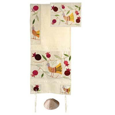 Women's Tallitot - Birds in Gold Embroidered Raw Silk Tallit by Yair Emanuel Small - 15.5'' X 75''