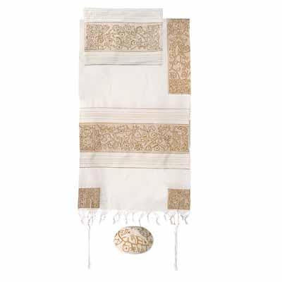 Hand Embroidered Cotton - Embroidered Cotton Tallit ¿ The Matriarches in gold Small - 21'' X 77''