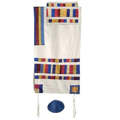 Raw Silk Appliqued Collection - Multicolor Raw Silk Appliqued Stripes Tallit by Yair Emanuel Small - 21'' X 77''