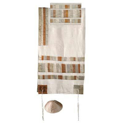 Raw Silk Appliqued Collection - Gold Raw Silk Appliqued Stripes Tallit by Yair Emanuel Medium - 42'' X 77'' ( +$66.00 )