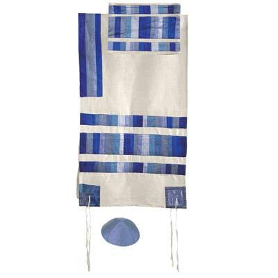 Raw Silk Appliqued Collection - Blue Raw Silk Appliqued Stripes Tallit by Yair Emanuel Small - 21'' X 77''