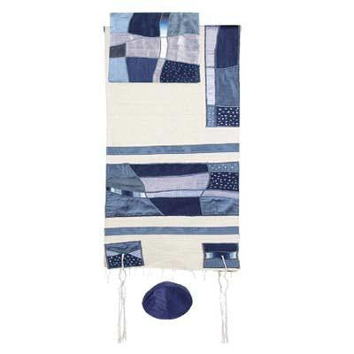 Raw Silk Appliqued Collection - Abstract Blue Raw Silk Appliqued Tallit by Yair Emanuel Large - 42'' X 74'' (+$70.00)