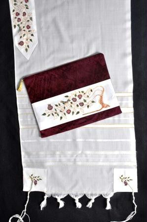 Women's Tallits - Women's Embroidered Wool Tallit - Pomegranates 18X62 Inches